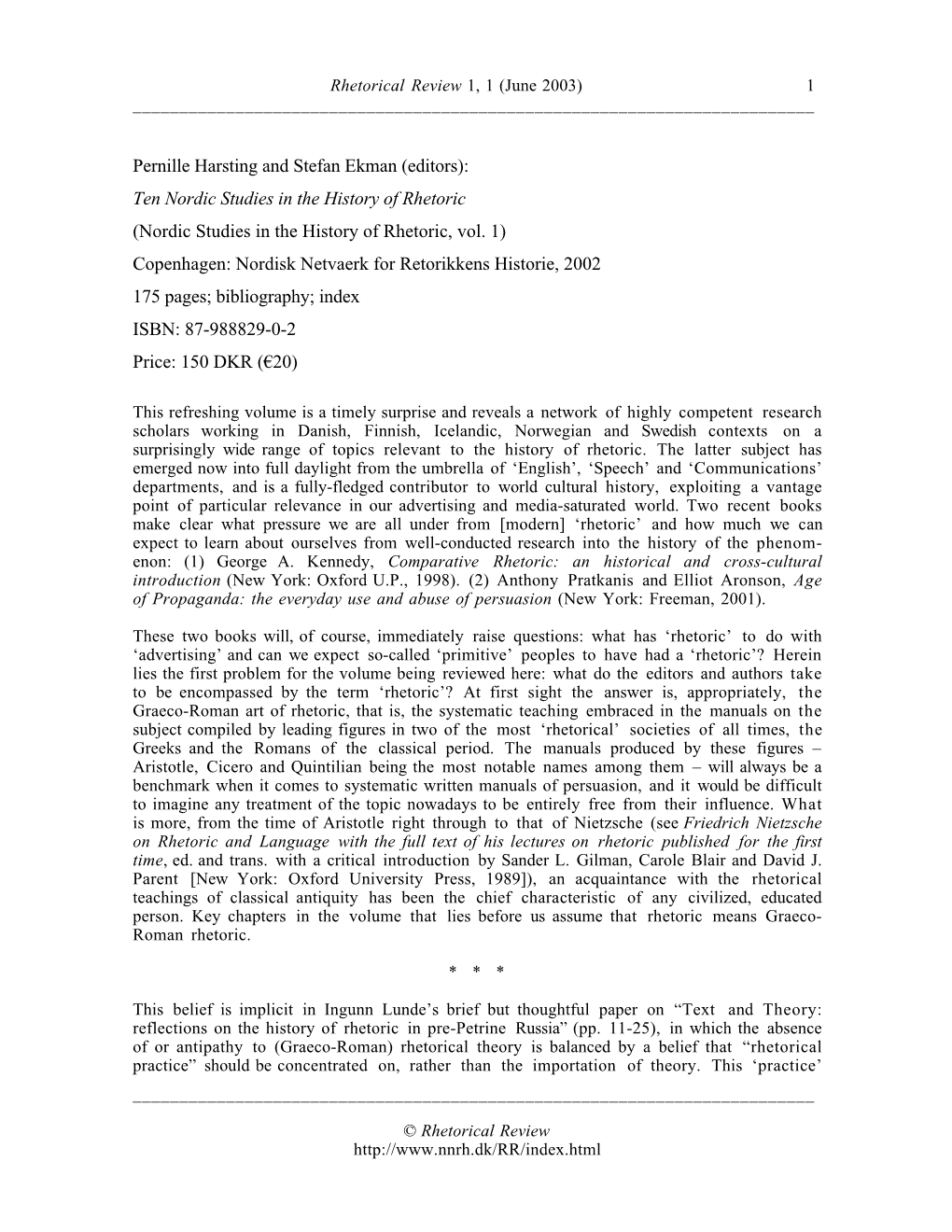 Pernille Harsting and Stefan Ekman (Editors): Ten Nordic Studies in the History of Rhetoric (Nordic Studies in the History of Rhetoric, Vol