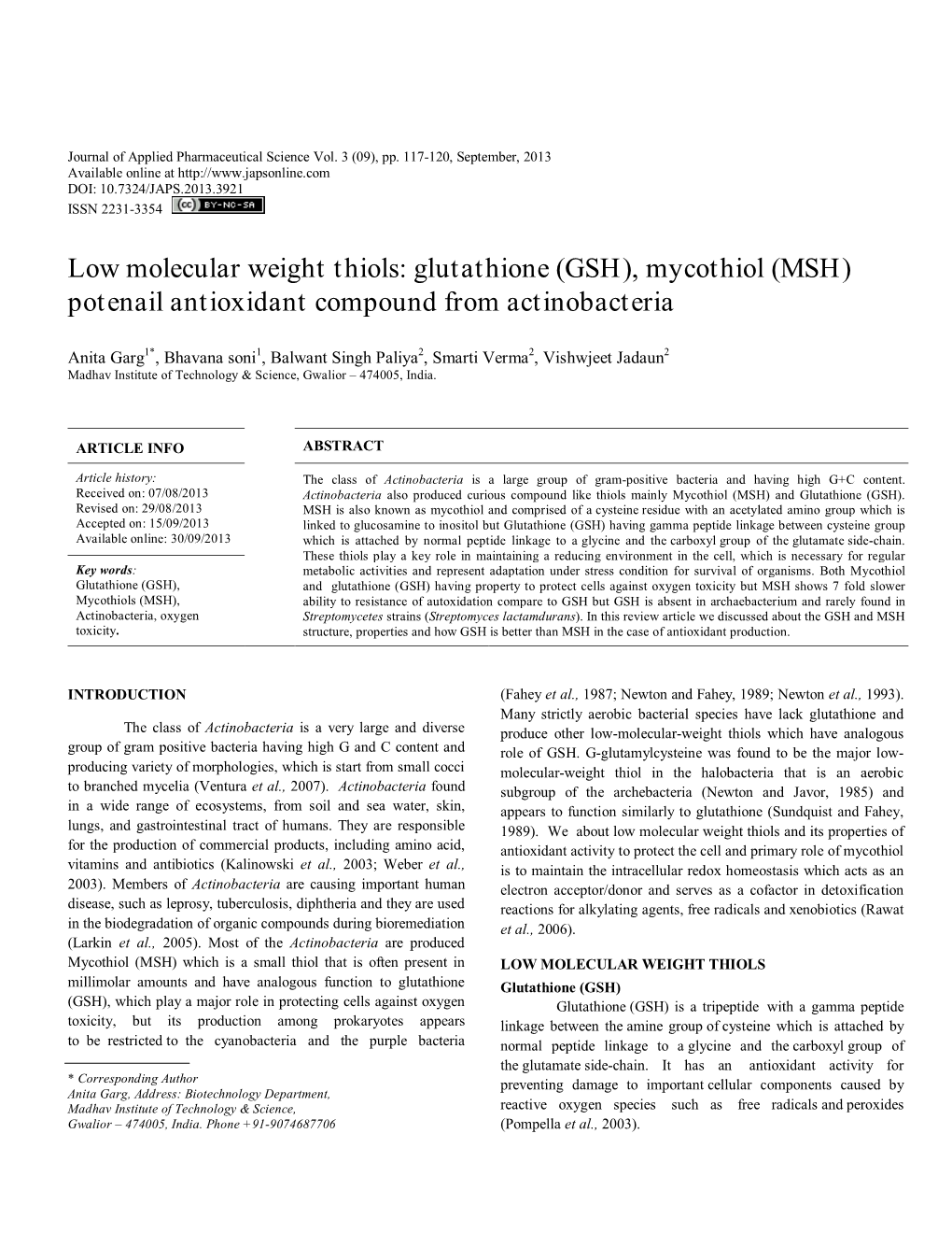 Glutathione (GSH), Mycothiol (MSH) Potenail Antioxidant Compound from Actinobacteria