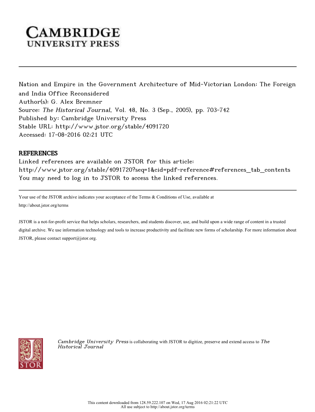 Nation and Empire in the Government Architecture of Mid-Victorian London: the Foreign and India Office Reconsidered Author(S): G