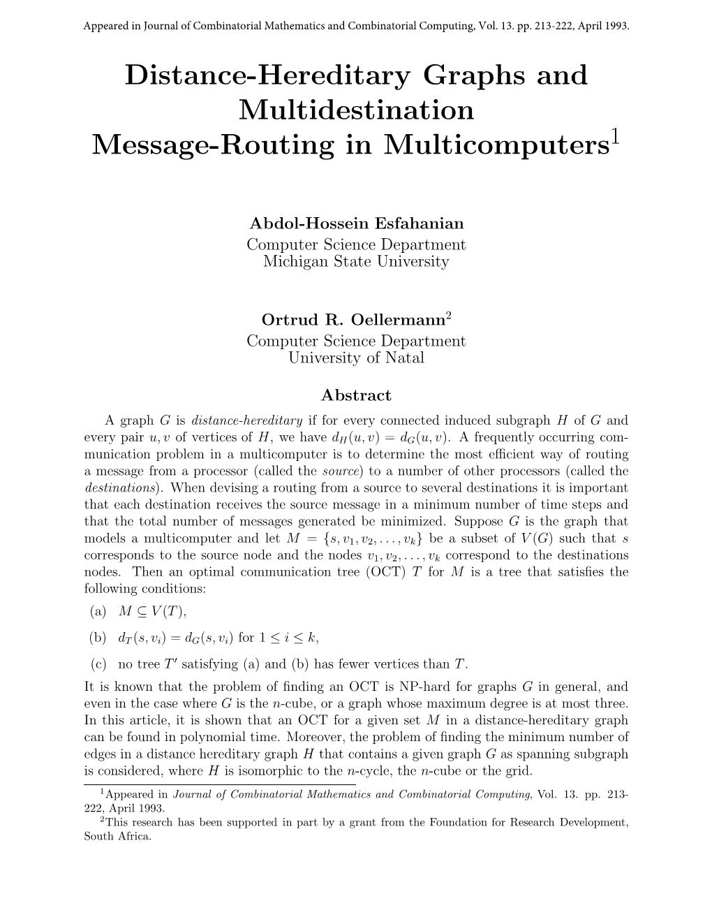 Distance-Hereditary Graphs and Multidestination Message-Routing