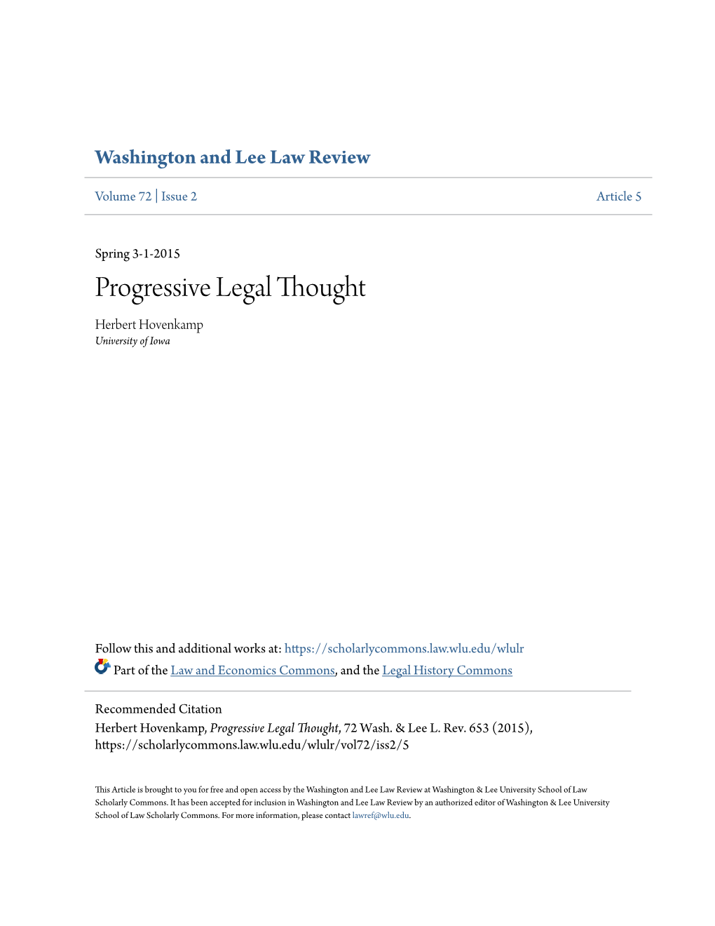 Progressive Legal Thought Herbert Hovenkamp University of Iowa