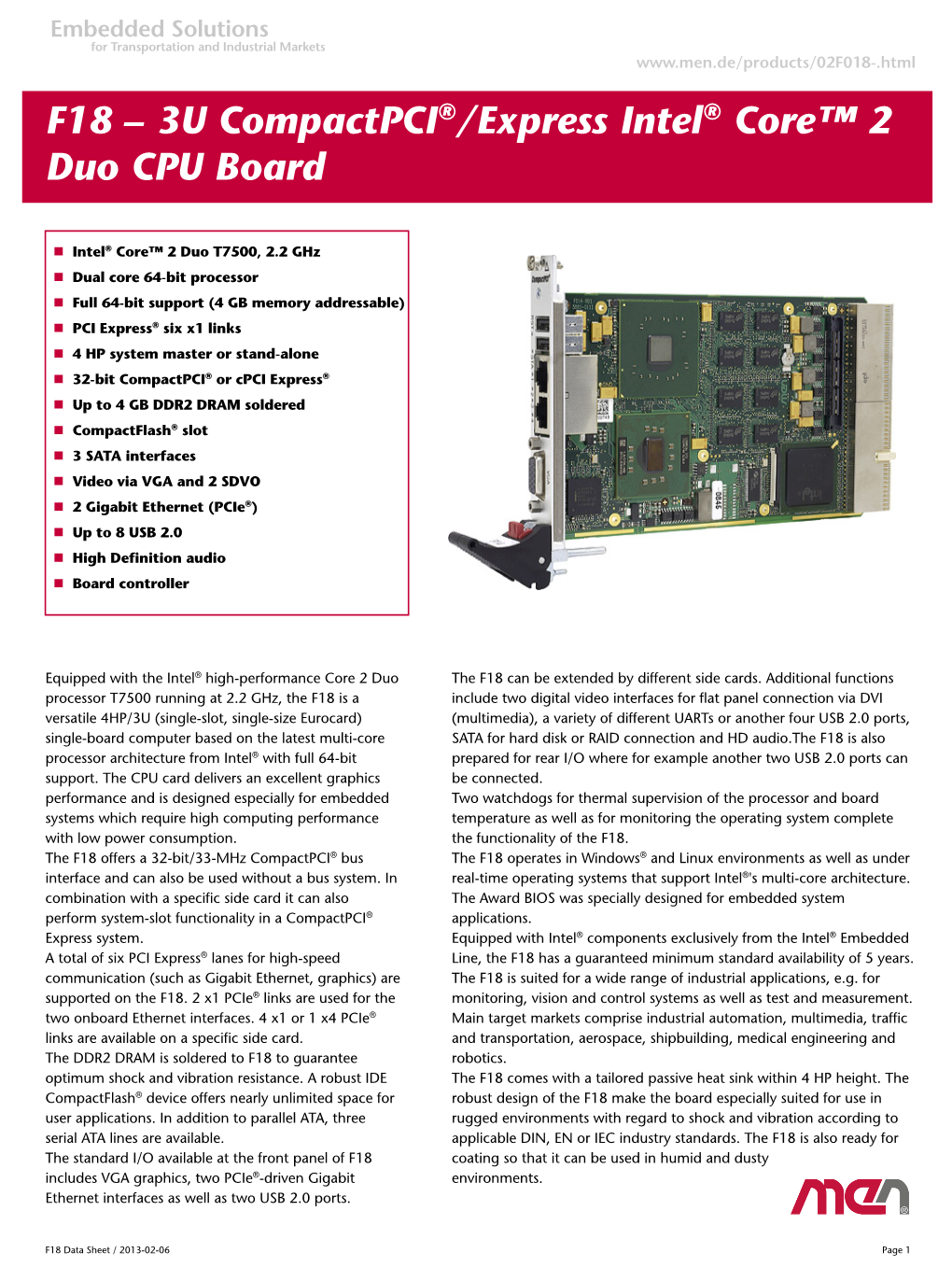 F18 – 3U Compactpci®/Express Intel® Core™ 2 Duo CPU Board