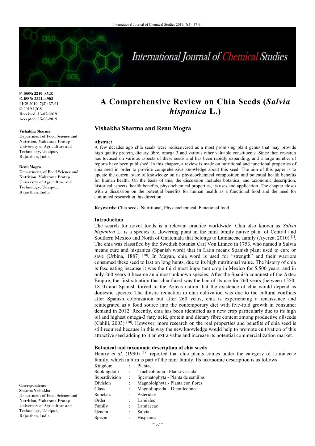 A Comprehensive Review on Chia Seeds (Salvia Hispanica