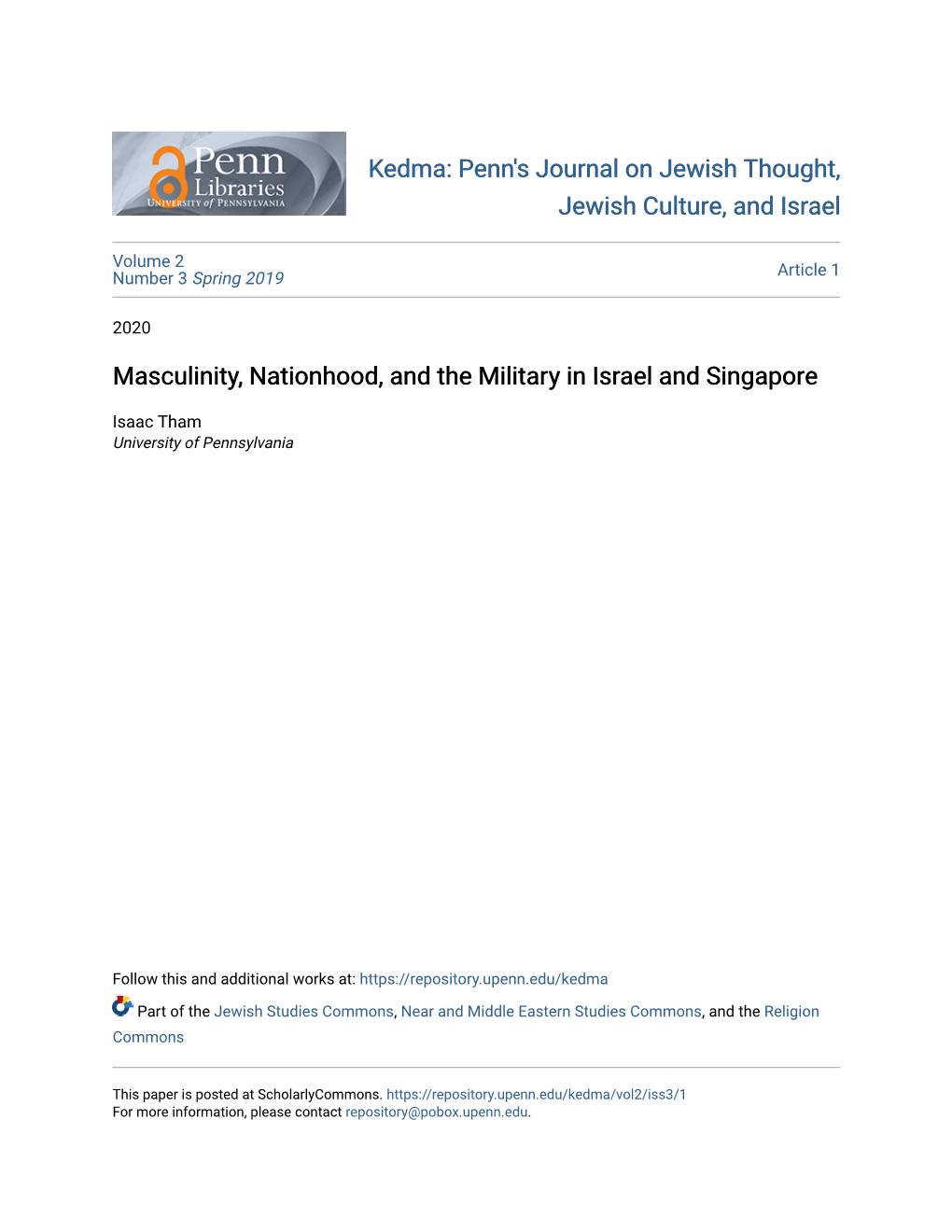 Masculinity, Nationhood, and the Military in Israel and Singapore