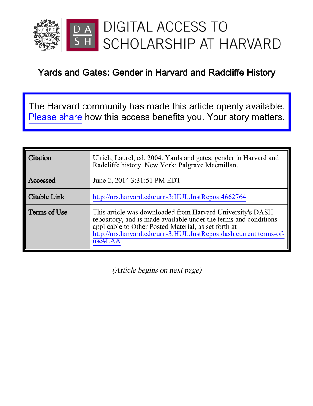Gender in Harvard and Radcliffe History The