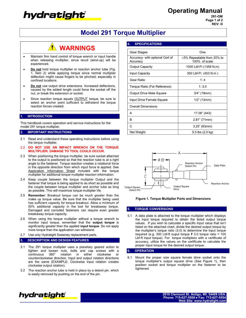 Operating Manual WARNINGS Model 291 Torque Multiplier