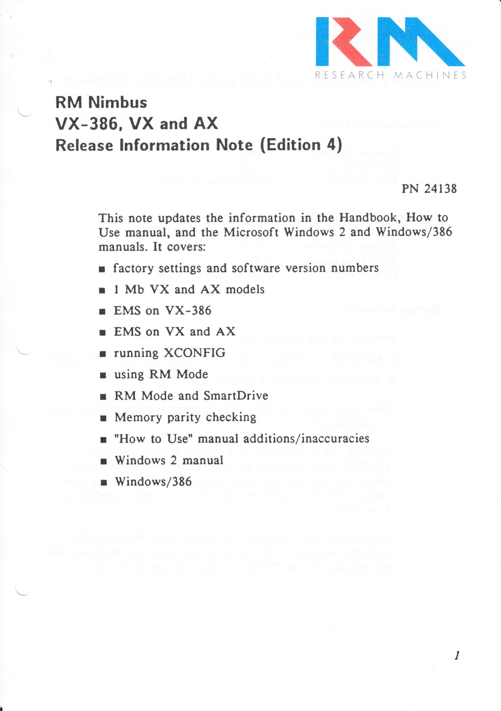 RM Nimbus VX-386, VX and AX Release Lnformation Note (Edition 4)