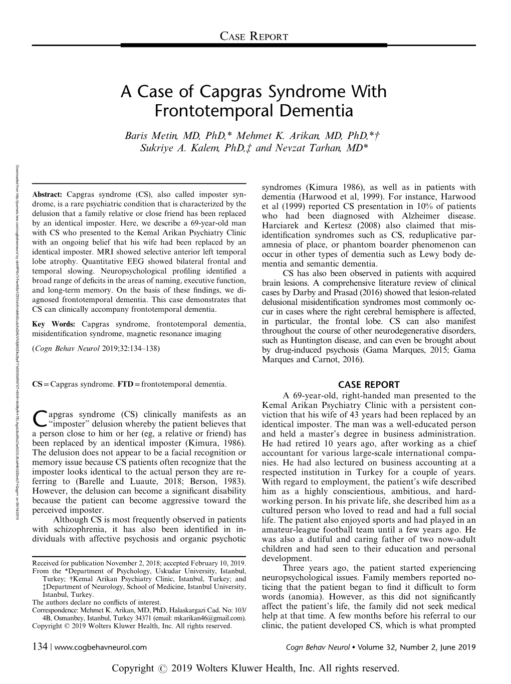 A Case of Capgras Syndrome with Frontotemporal Dementia