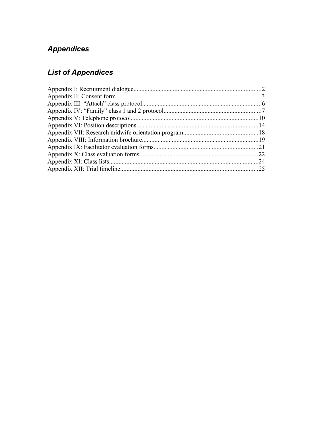 List of Appendices