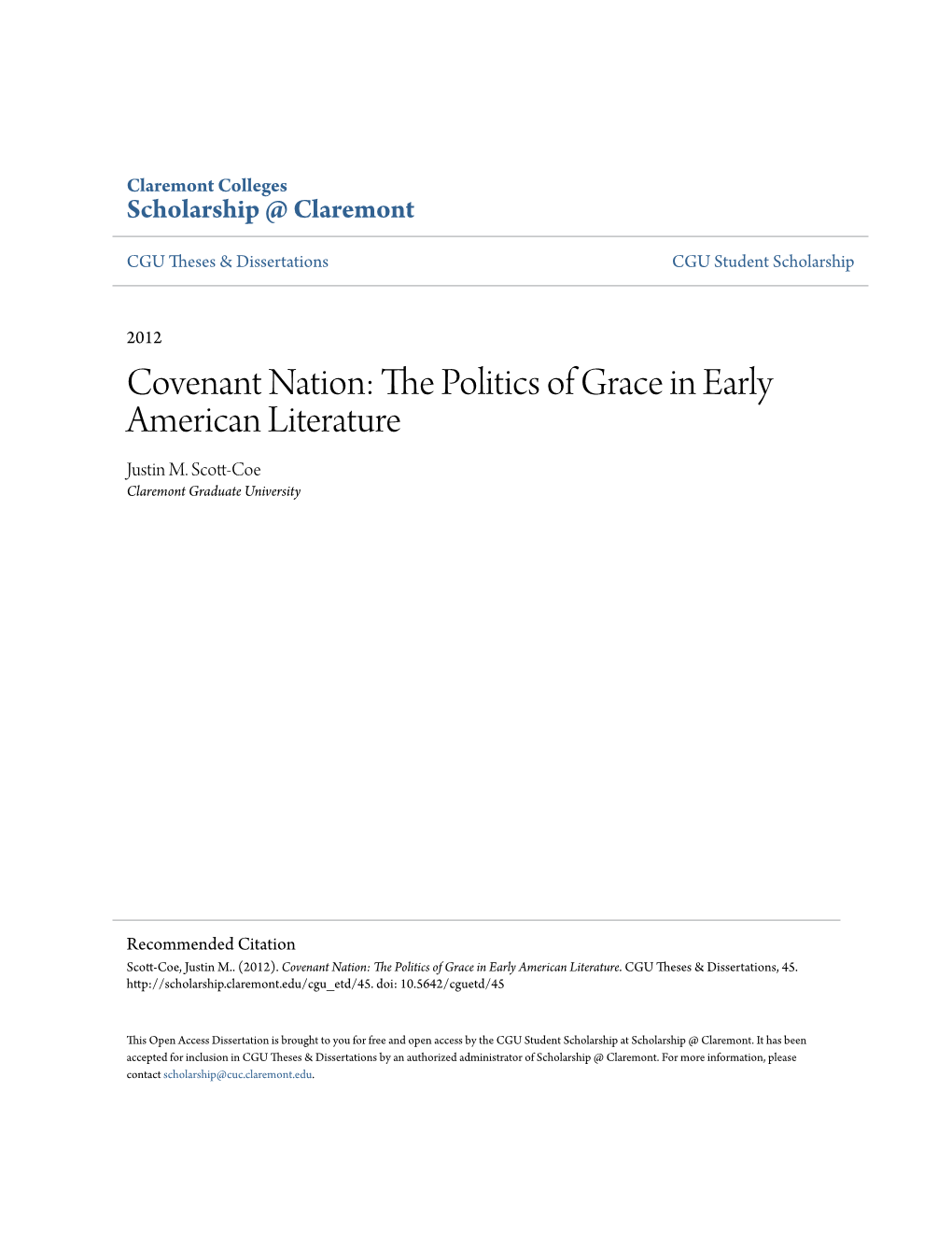 Covenant Nation: the Politics of Grace in Early American Literature