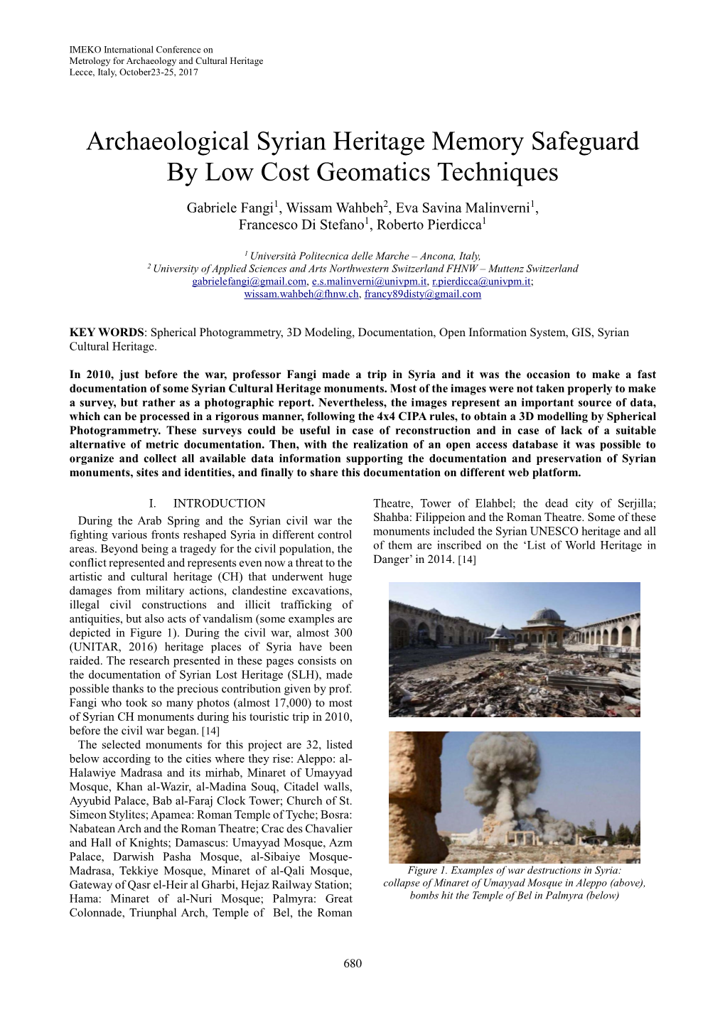 Archaeological Syrian Heritage Memory Safeguard by Low Cost Geomatics Techniques