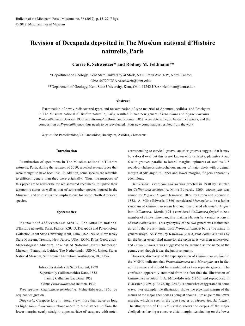 Revision of Decapoda Deposited in the Muséum National D'histoire