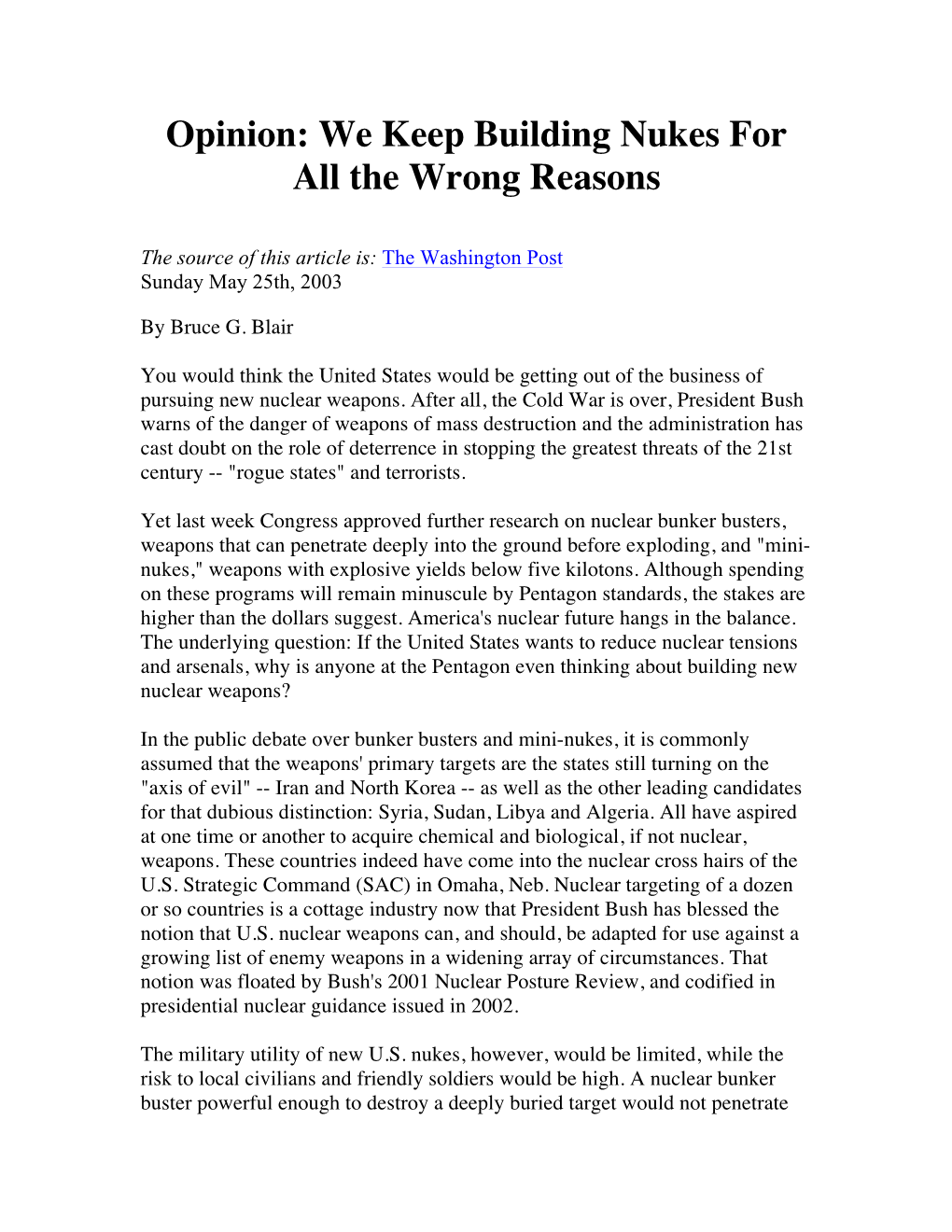 BB We Keep Building Nukes for All the Wrong Reasons 05.25.2003