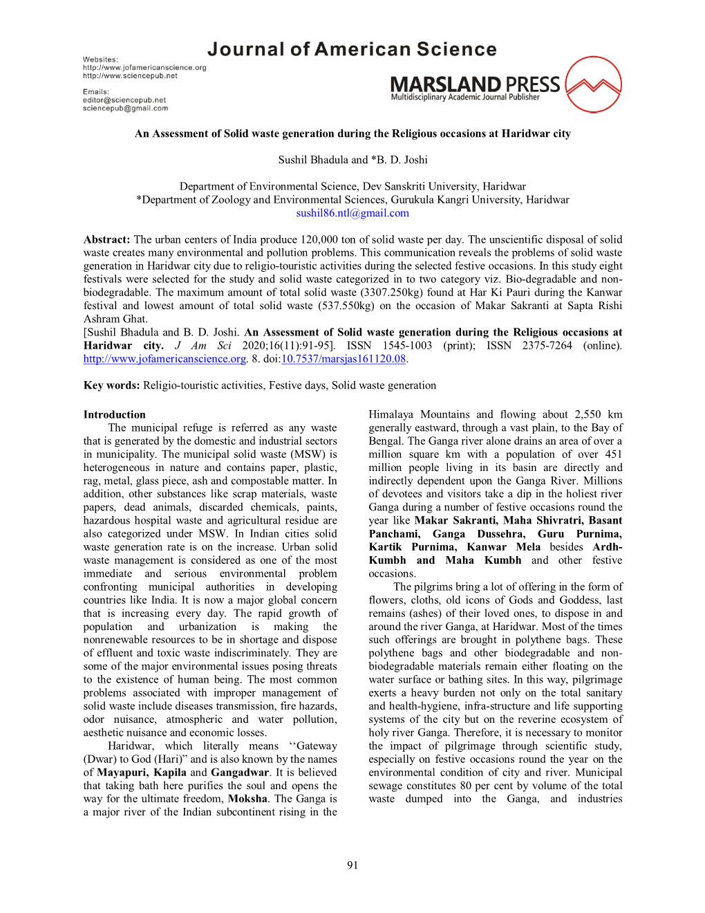 91 an Assessment of Solid Waste Generation During the Religious