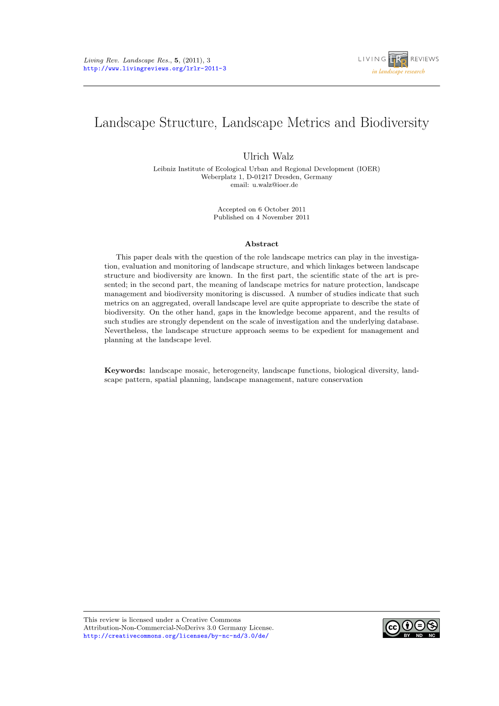 Landscape Structure, Landscape Metrics and Biodiversity