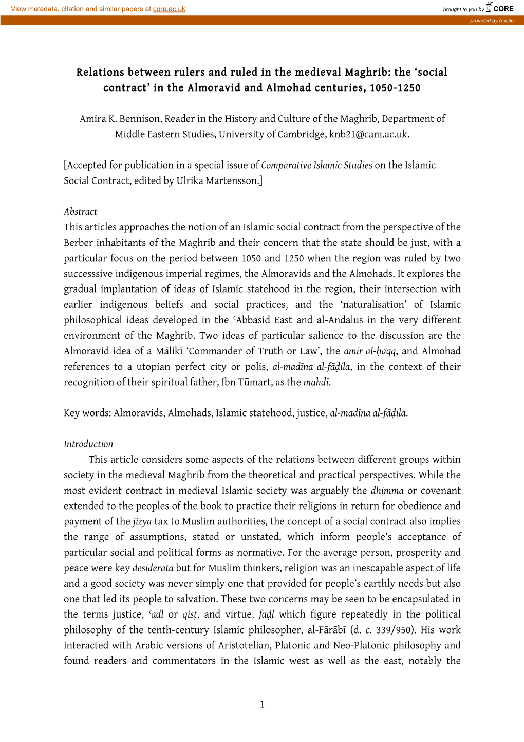 Social Contract’ in the Almoravid and Almohad Centuries, 1050-1250