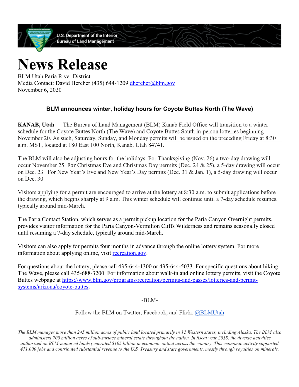 News Release BLM Utah Paria River District Media Contact: David Hercher (435) 644-1209 Dhercher@Blm.Gov November 6, 2020