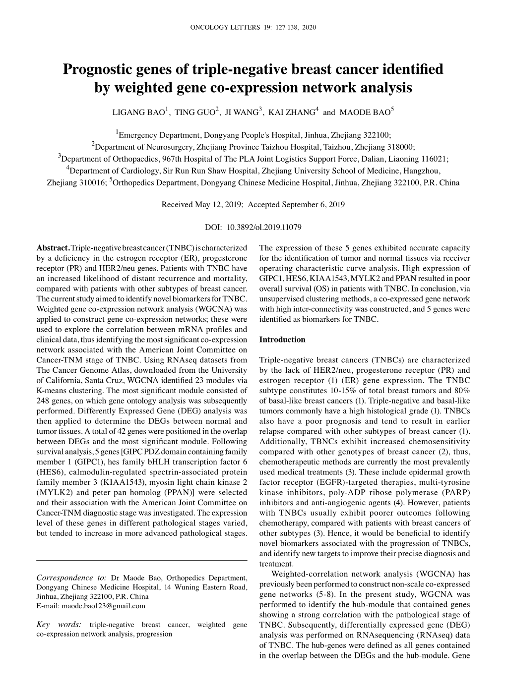 Prognostic Genes of Triple‑Negative Breast Cancer Identified by Weighted Gene Co‑Expression Network Analysis