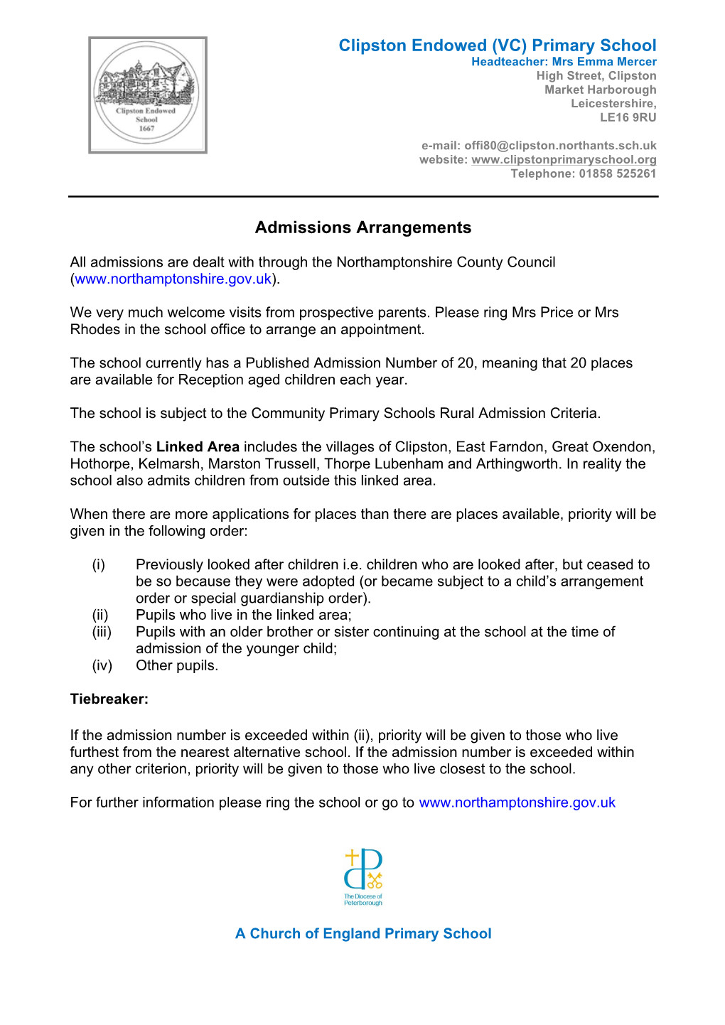 Clipston Endowed (VC) Primary School Admissions Arrangements