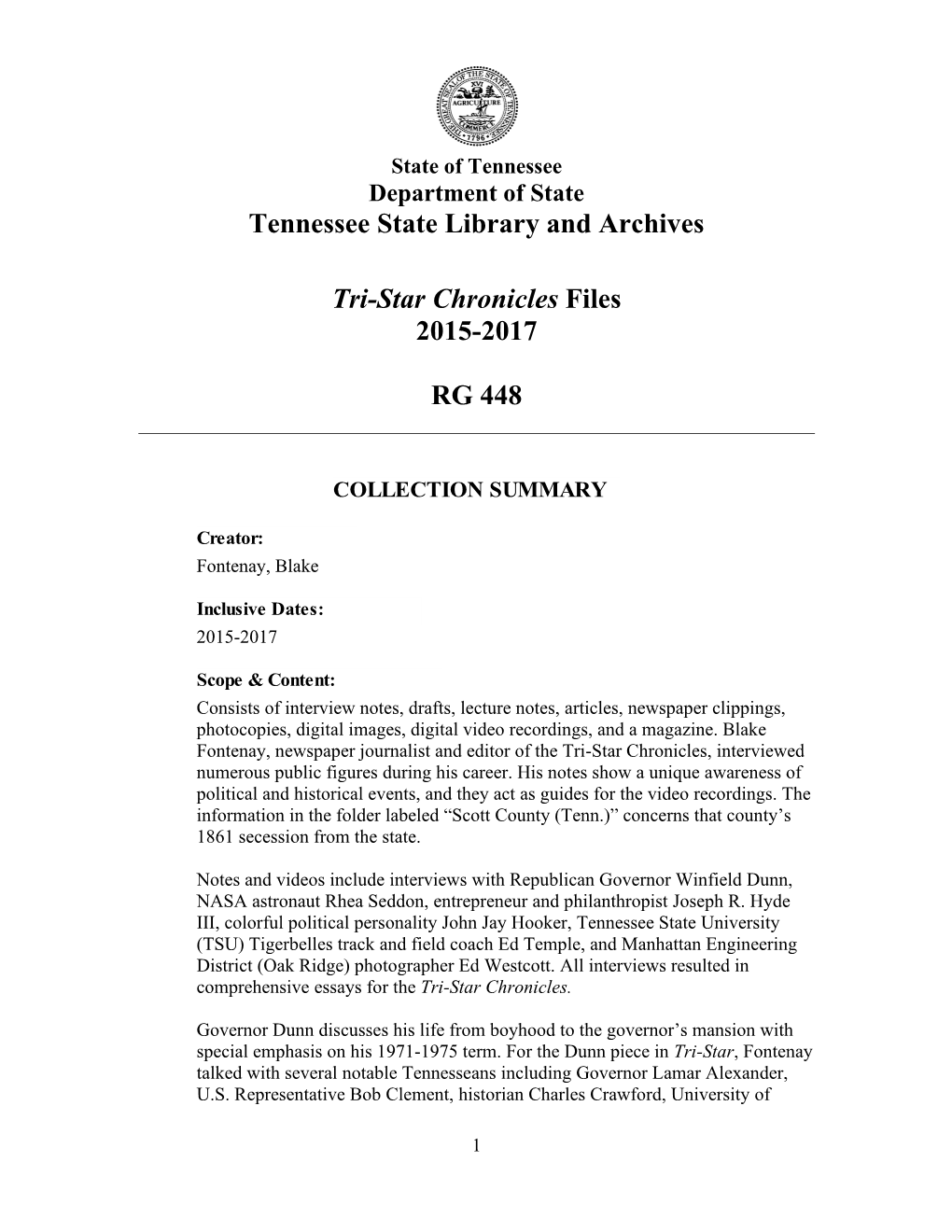 Tennessee State Library and Archives Tri-Star Chronicles Files 2015