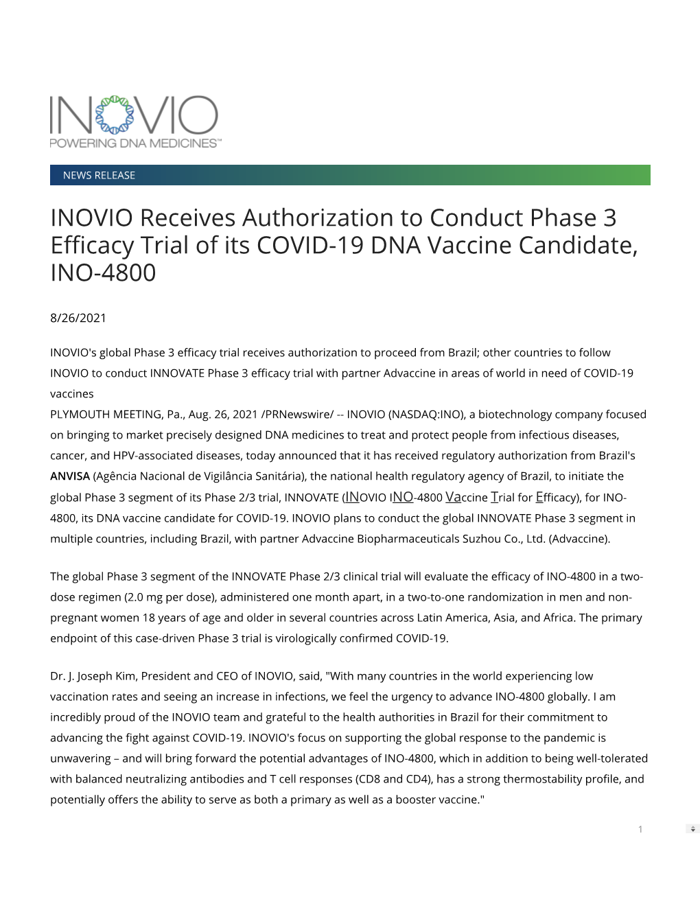 INOVIO Receives Authorization to Conduct Phase 3 E Cacy Trial of Its