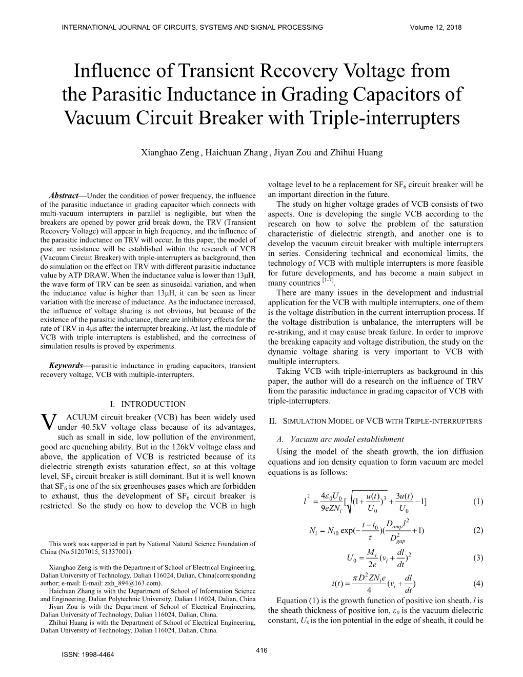Influence of Transient Recovery Voltage from the Parasitic Inductance in Grading Capacitors of Vacuum Circuit Breaker with Triple-Interrupters