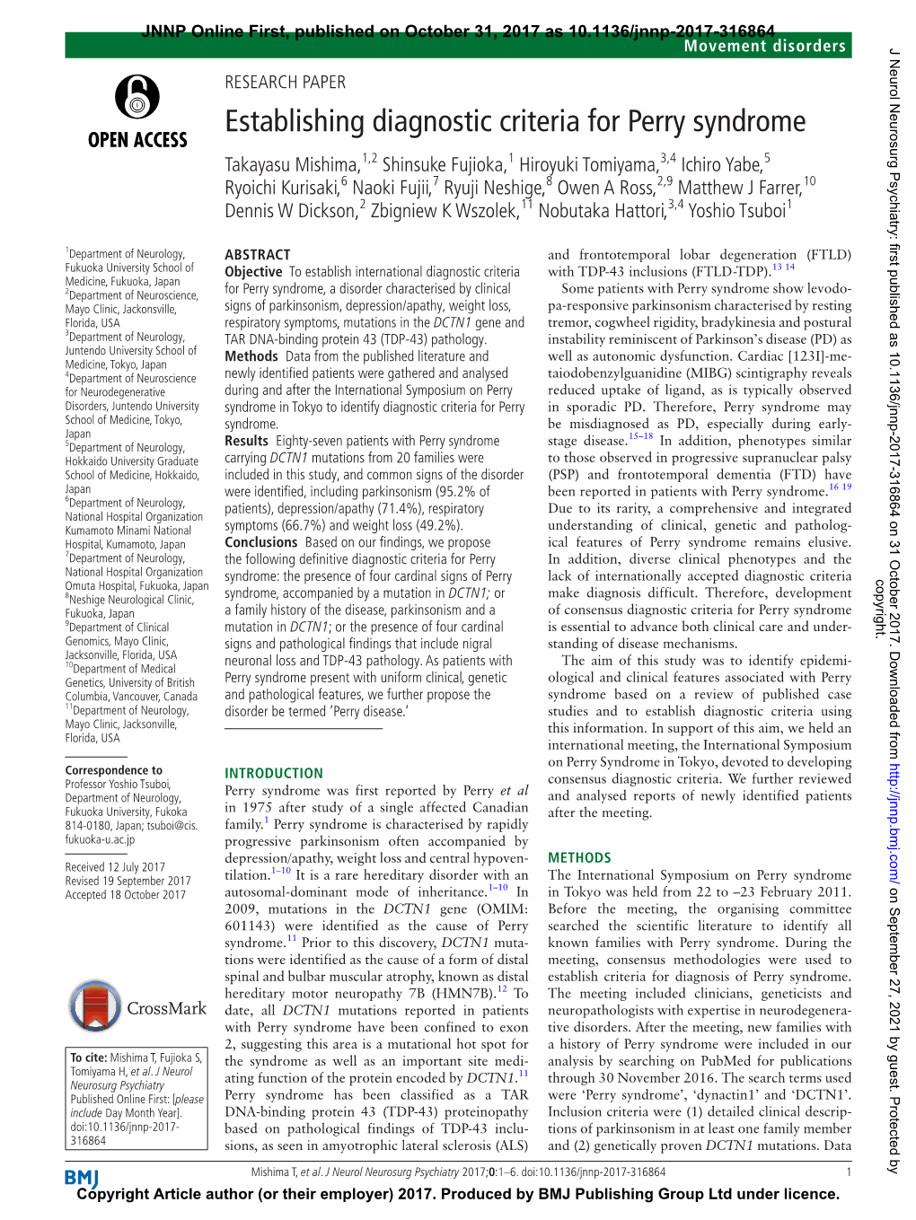 Establishing Diagnostic Criteria for Perry Syndrome