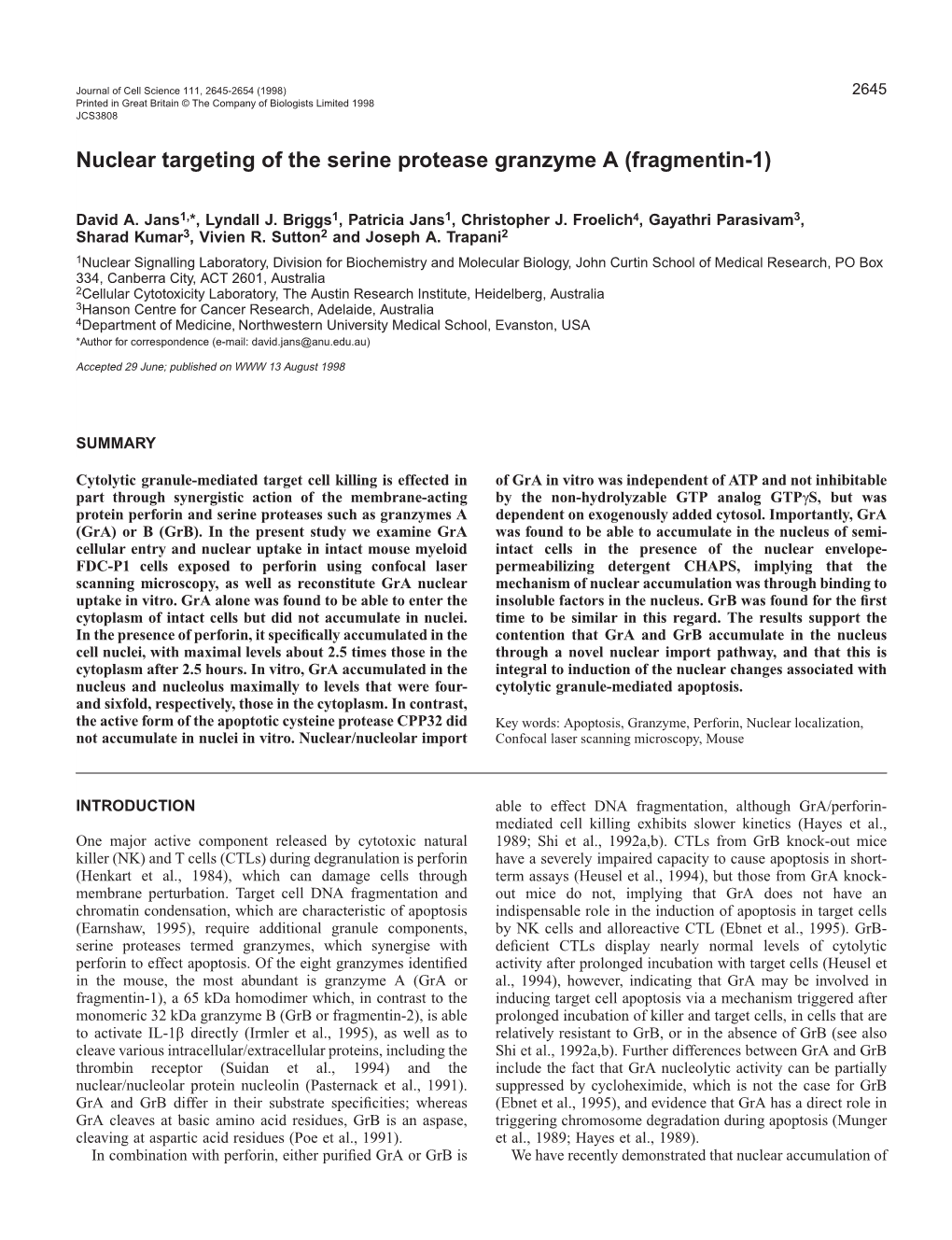 Nuclear Targeting of the Serine Protease Granzyme a (Fragmentin-1)