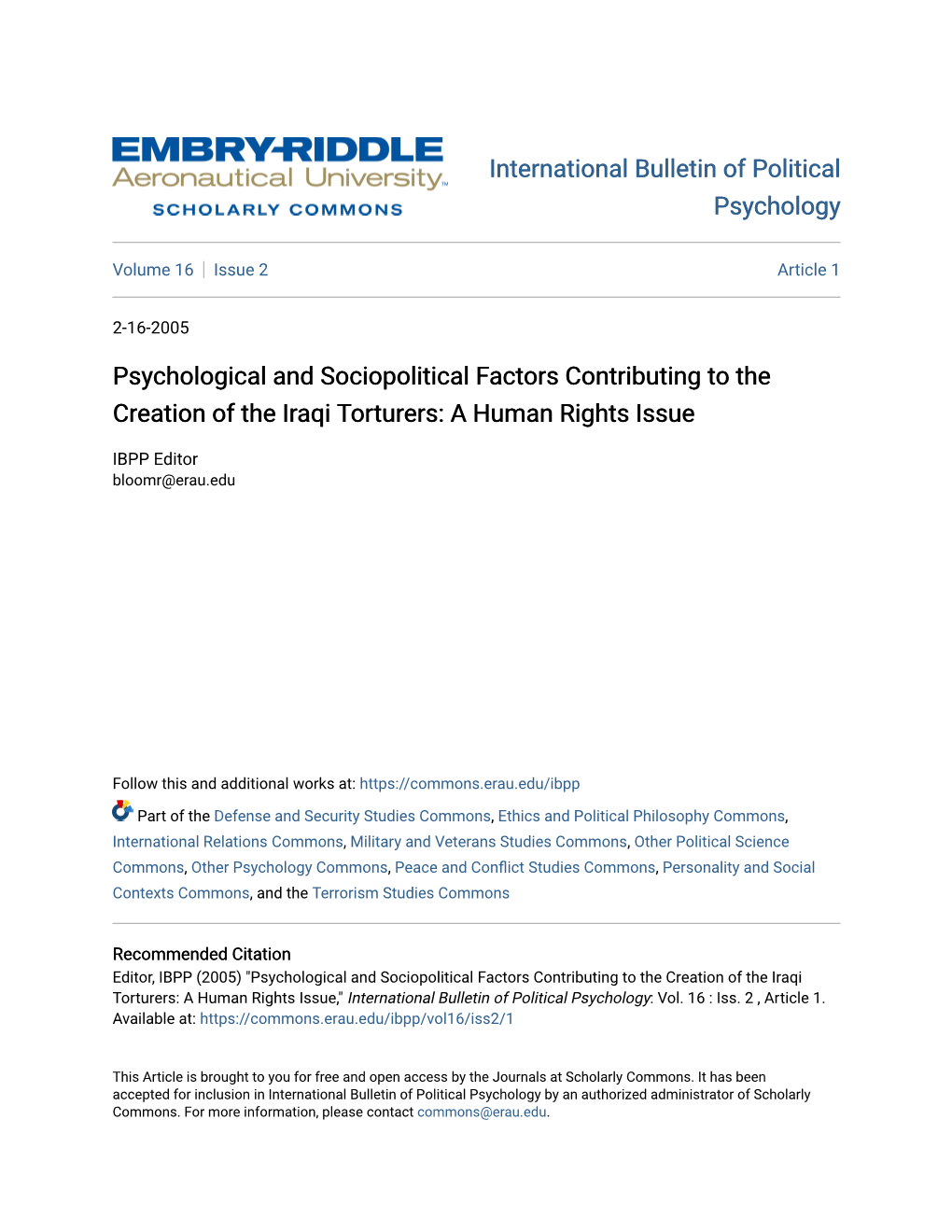 Psychological and Sociopolitical Factors Contributing to the Creation of the Iraqi Torturers: a Human Rights Issue