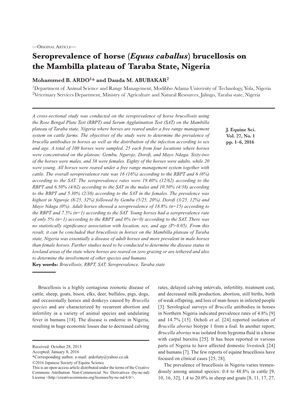 Brucellosis on the Mambilla Plateau of Taraba State, Nigeria