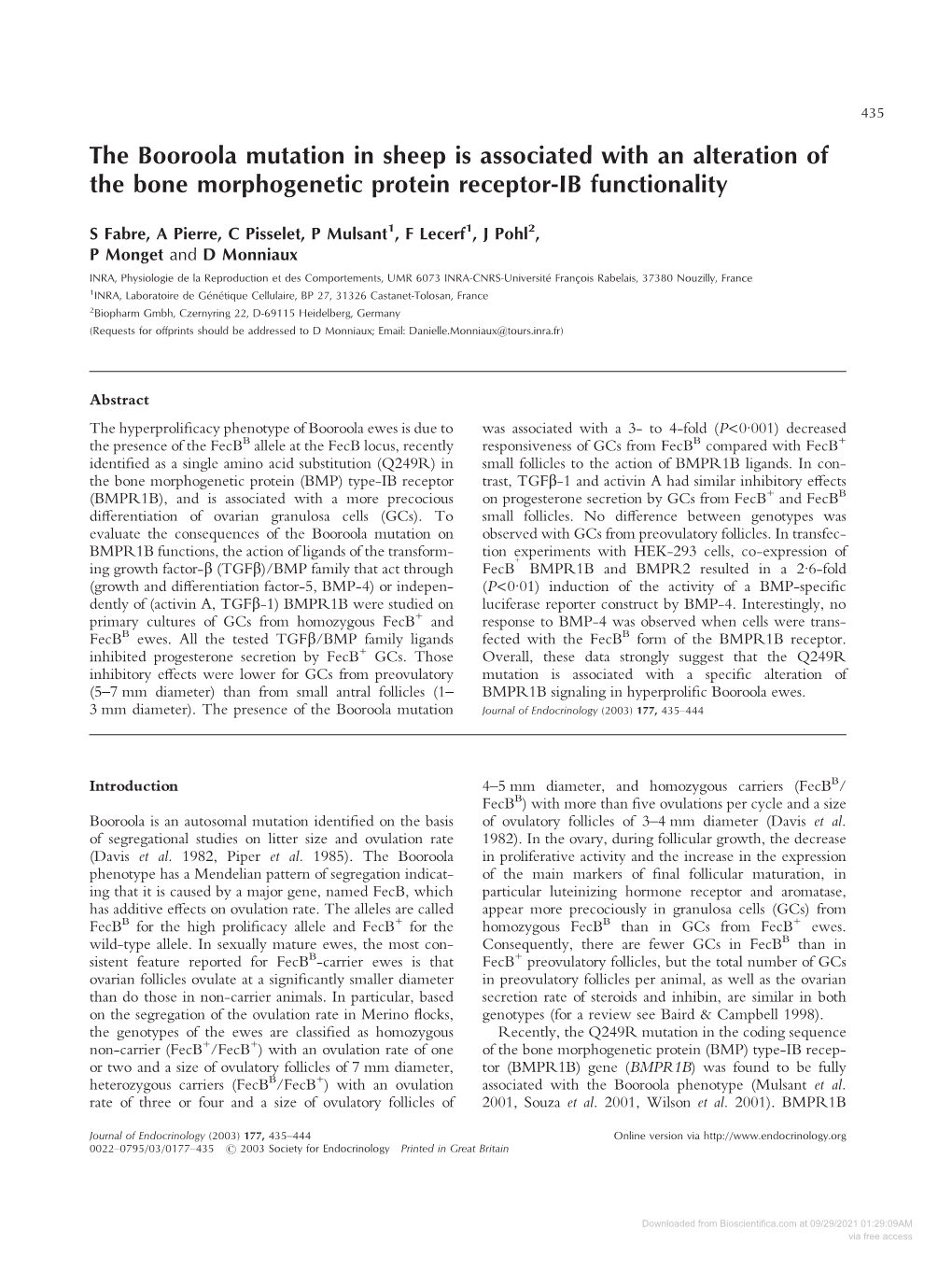 The Booroola Mutation in Sheep Is Associated with an Alteration of the Bone Morphogenetic Protein Receptor-IB Functionality