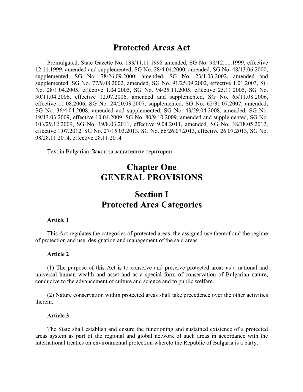 Protected Areas Act Chapter One GENERAL PROVISIONS Section I