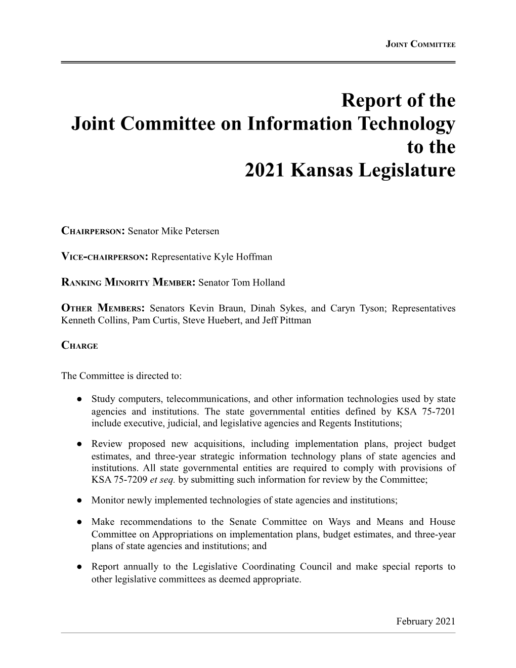 Joint Committee on Information Technology to the 2021 Kansas Legislature