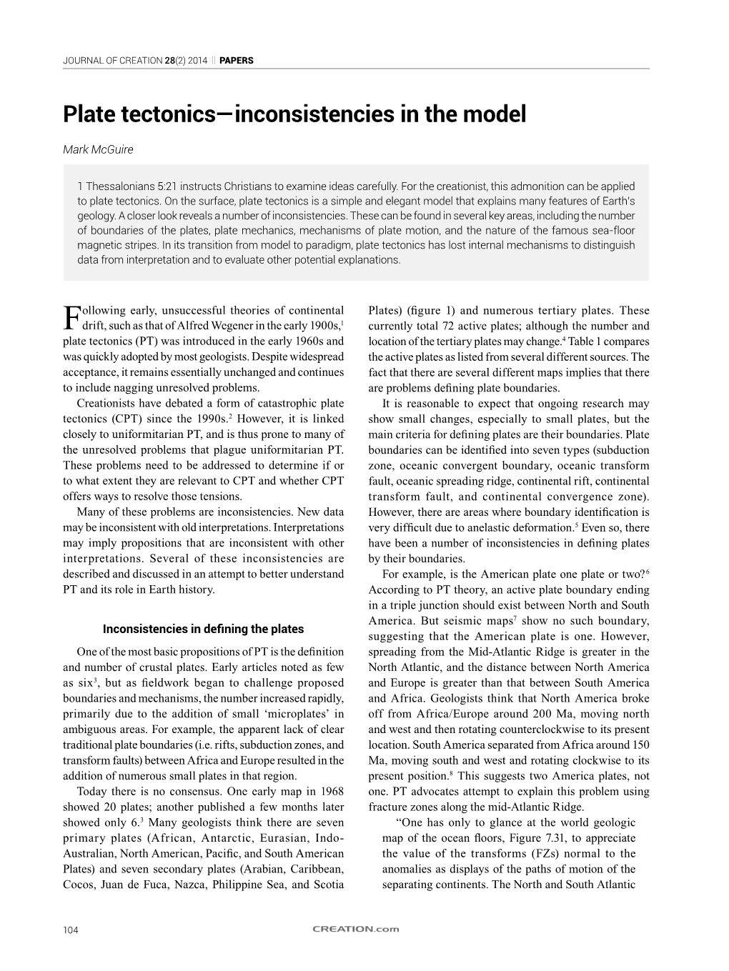 Plate Tectonics—Inconsistencies in the Model