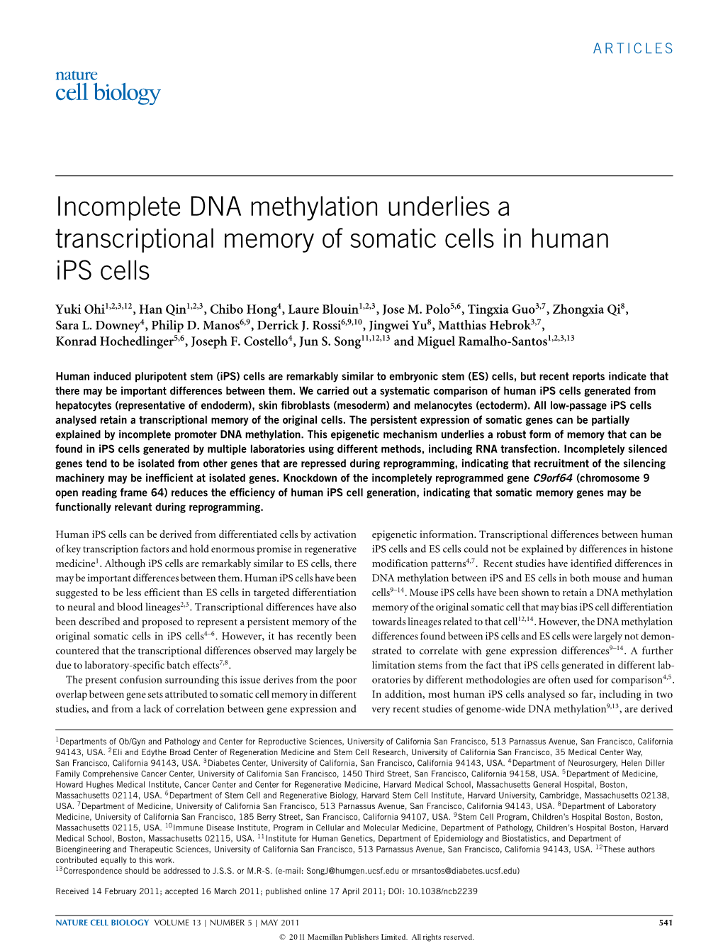Incomplete DNA Methylation Underlies a Transcriptional Memory of Somatic Cells in Human Ips Cells