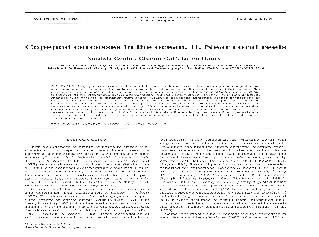 Copepod Carcasses in the Ocean. 11. Near Coral Reefs