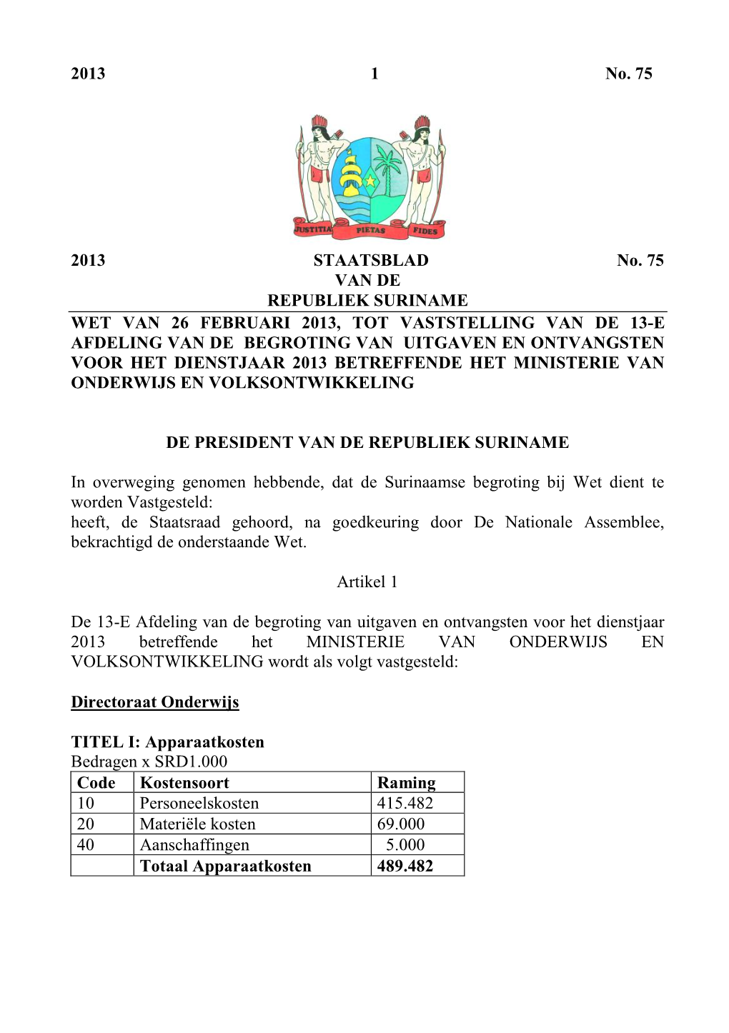 2013 1 No. 75 2013 STAATSBLAD No. 75 VAN DE REPUBLIEK
