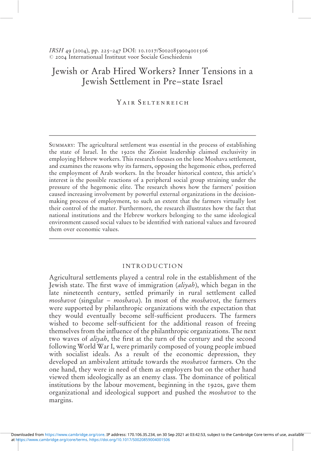 Jewish Or Arab Hired Workers? Inner Tensions in a Jewish Settlement in Pre–State Israel