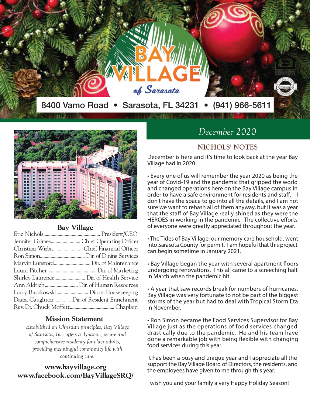 December 2020 NICHOLS’ NOTES December Is Here and It’S Time to Look Back at the Year Bay Village Had in 2020