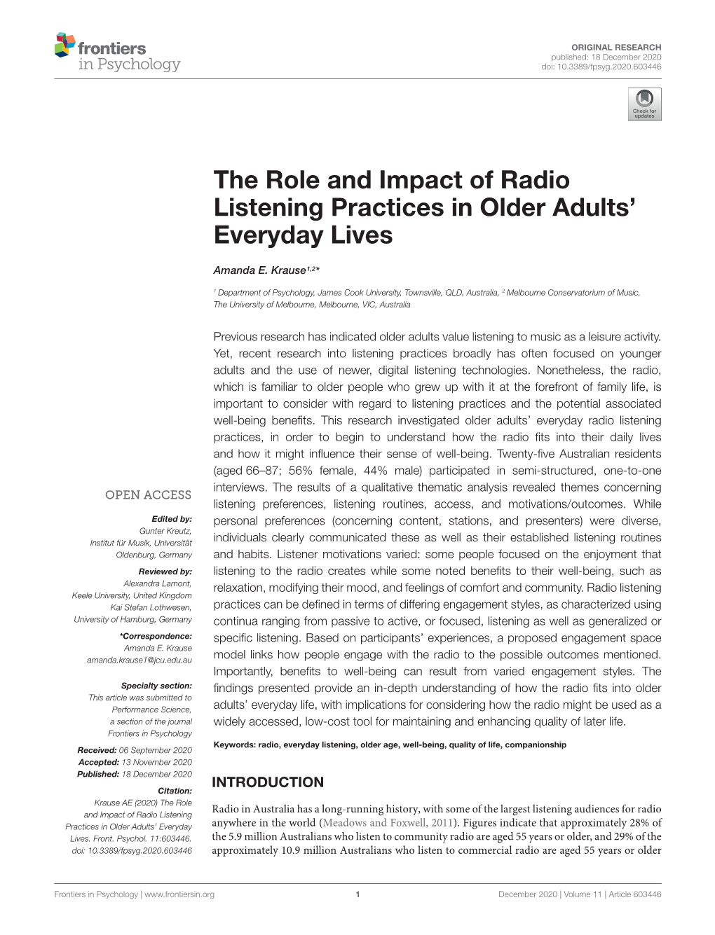The Role and Impact of Radio Listening Practices in Older Adults’ Everyday Lives