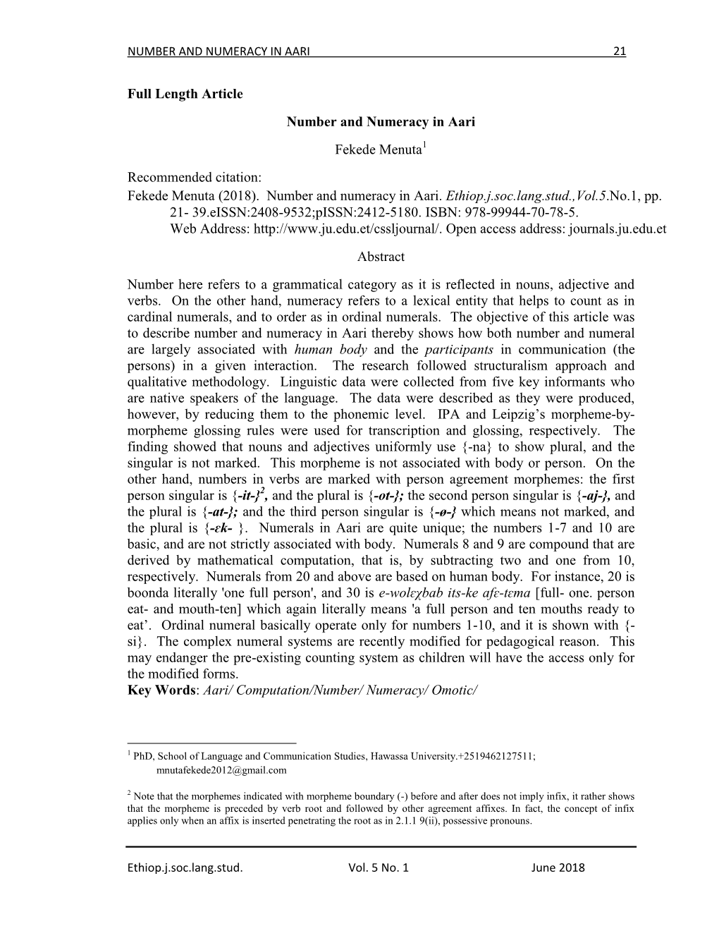 Full Length Article Number and Numeracy in Aari Fekede Menuta1 Recommended Citation: Fekede Menuta (2018)