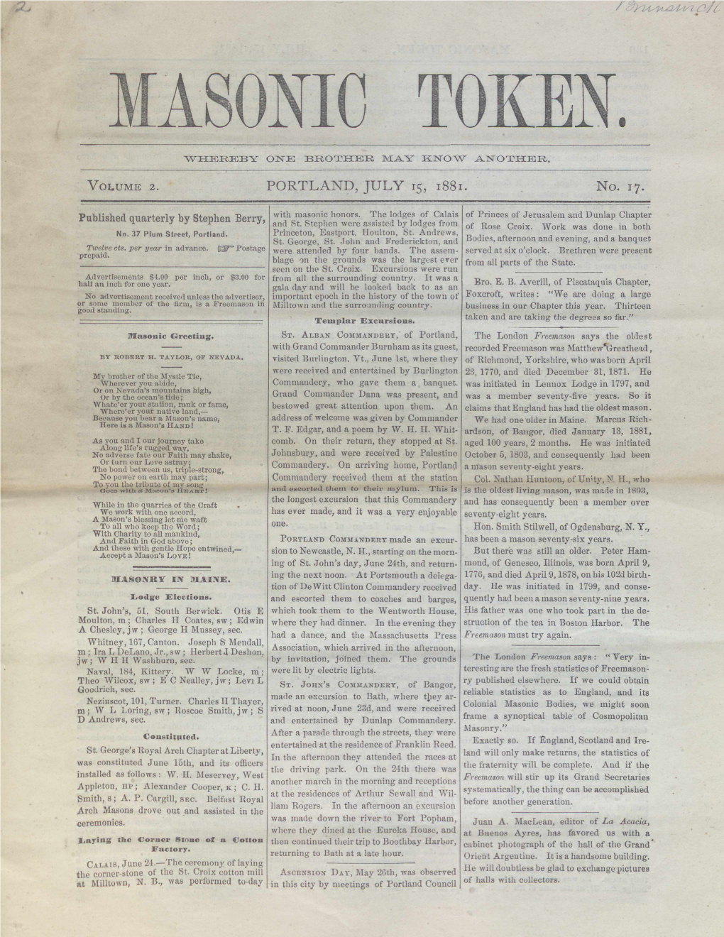 Masonic Token, - - July 15, 1881