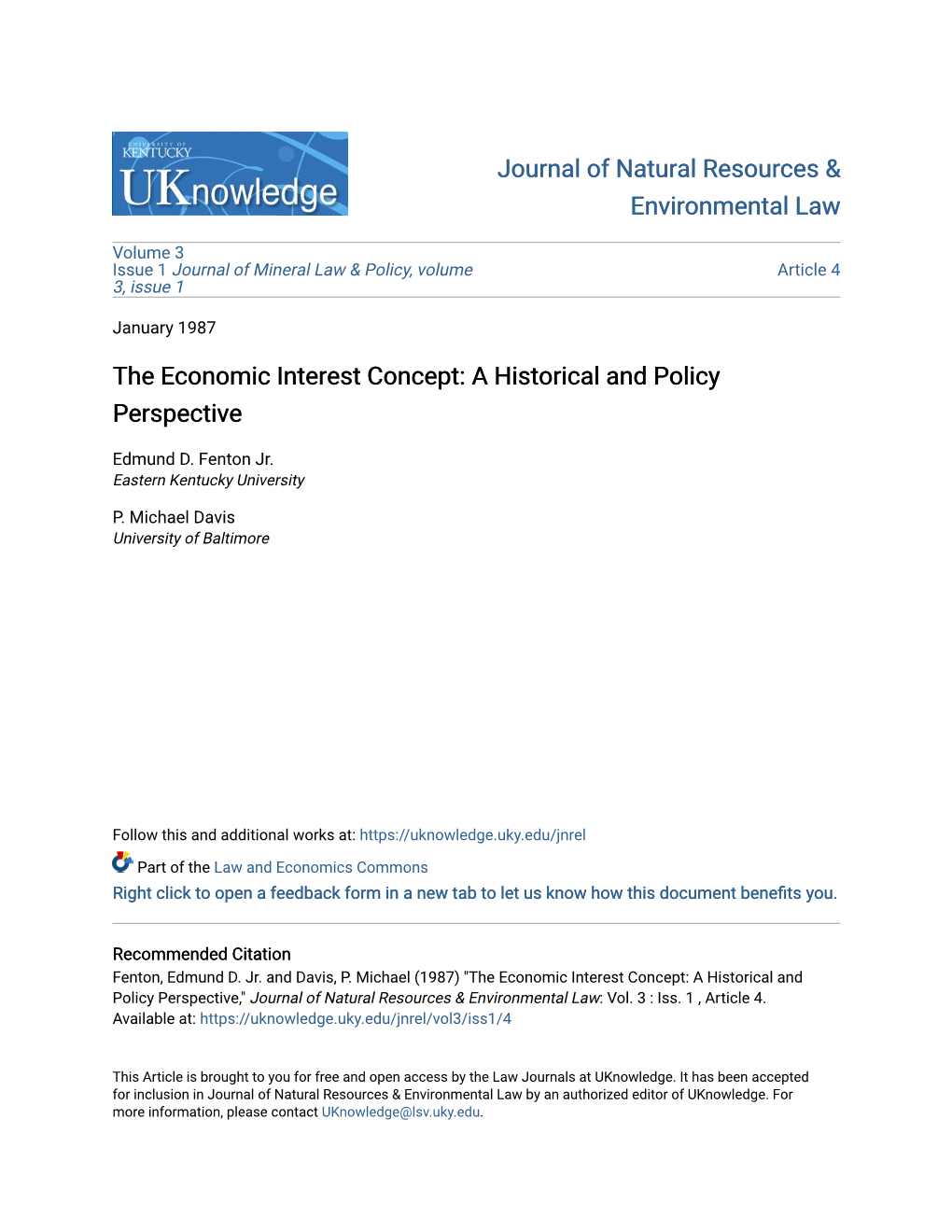 The Economic Interest Concept: a Historical and Policy Perspective