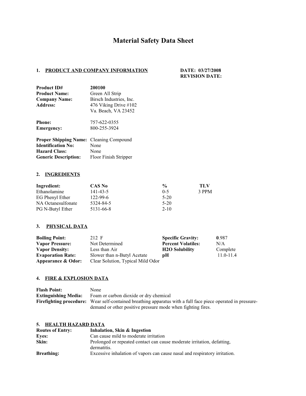 Material Safety Data Sheet s102