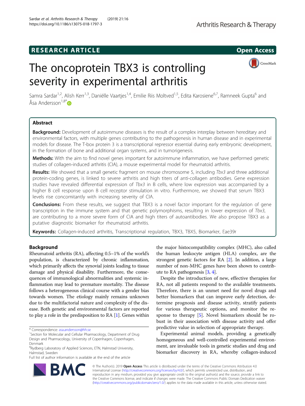 The Oncoprotein TBX3 Is Controlling Severity in Experimental Arthritis