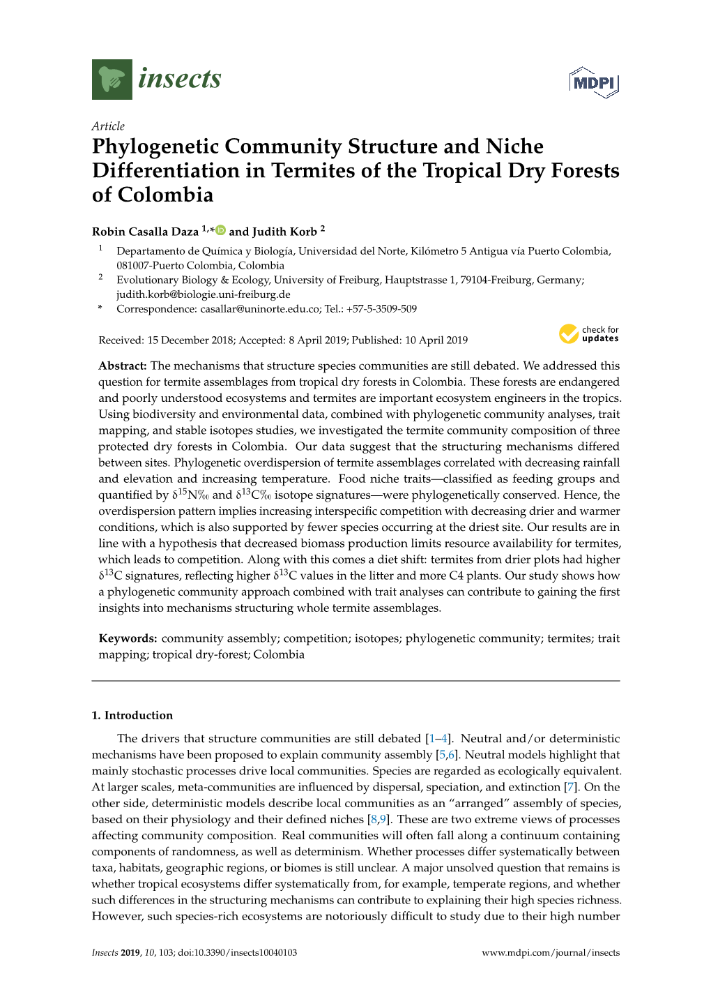 Phylogenetic Community Structure and Niche Differentiation in Termites of the Tropical Dry Forests of Colombia