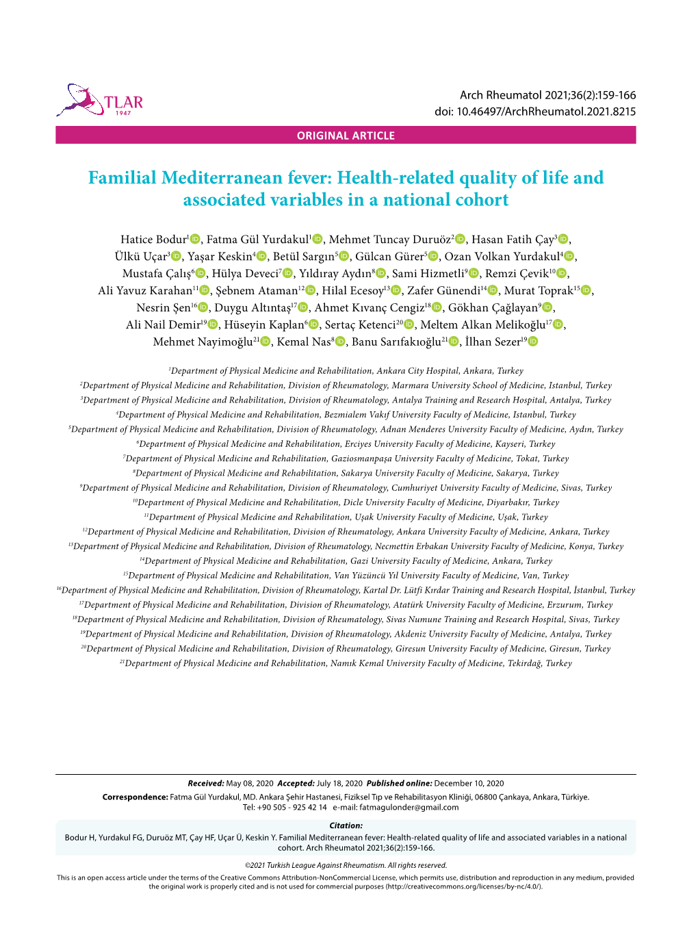 Familial Mediterranean Fever: Health-Related Quality of Life and Associated Variables in a National Cohort