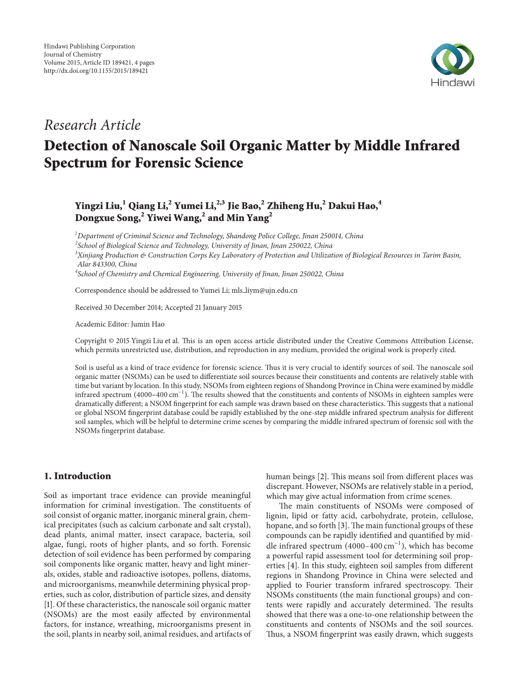 Detection of Nanoscale Soil Organic Matter by Middle Infrared Spectrum for Forensic Science