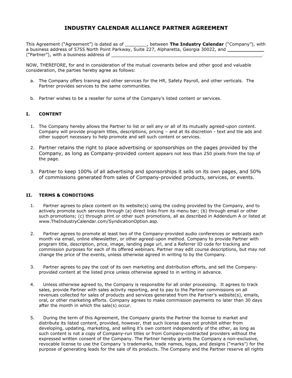 Industry Calendar Alliance Partner Agreement