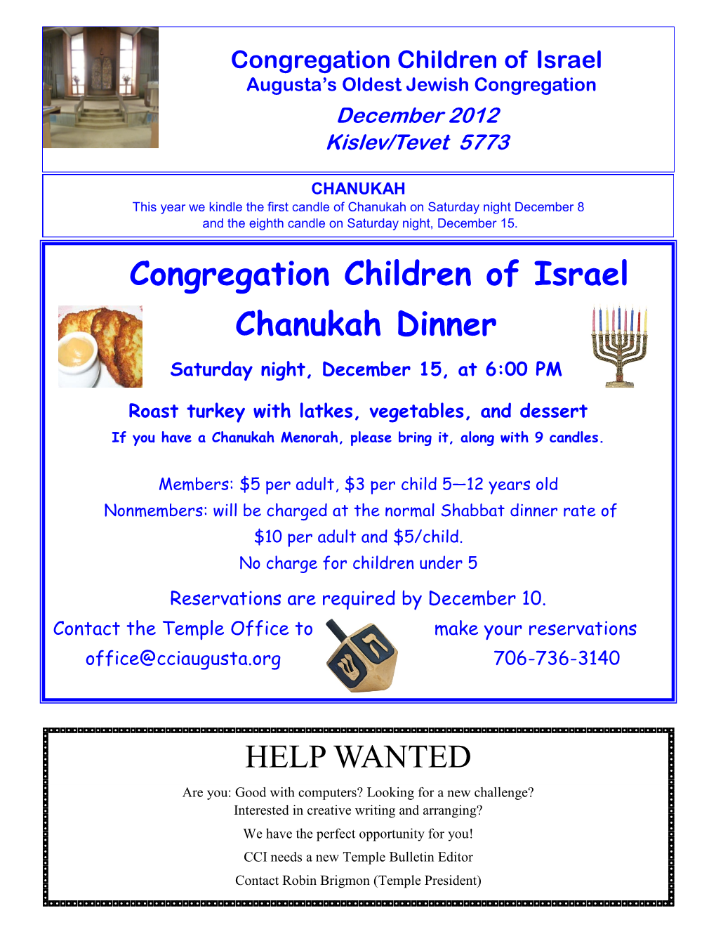 Congregation Children of Israel Chanukah Dinner HELP WANTED